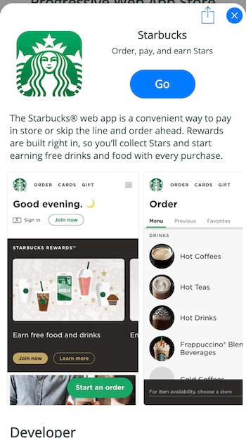 Starbucks PWA from the Progressive Web App Store